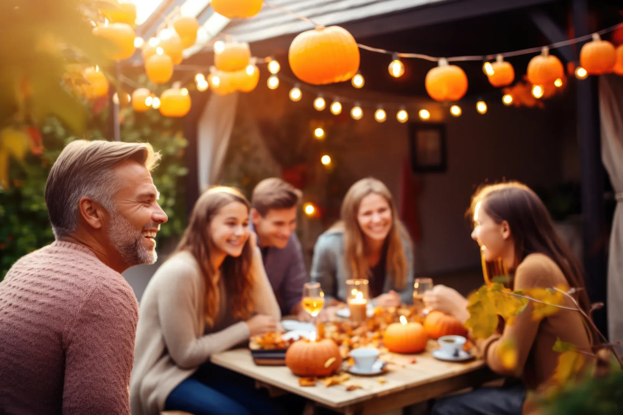 A group of people gathered around a table, engaging in conversation with several pumpkins placed in the center.